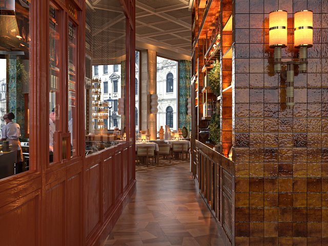 View of a restaurant's interior, with tiled walls, wood panneling and tables set for dinner